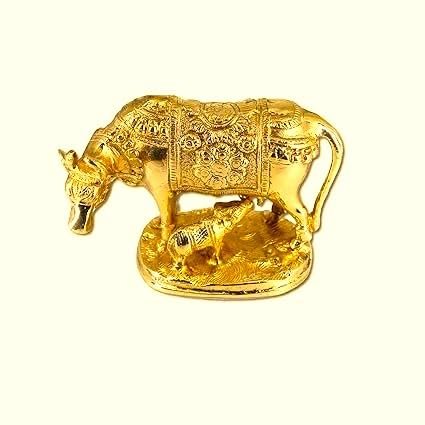 Brass Golden Cow and Calf Idol Statue for Home Temple Pooja Corporate Office Gift Item (16x13x8 Cm)
