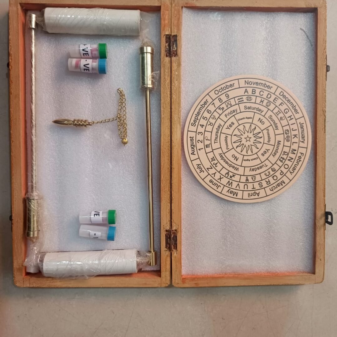 Brass L Dowsing Rod with Wooden Box sample bottle 2 pair, Pendulum and Acrylic Chart 10 Inches