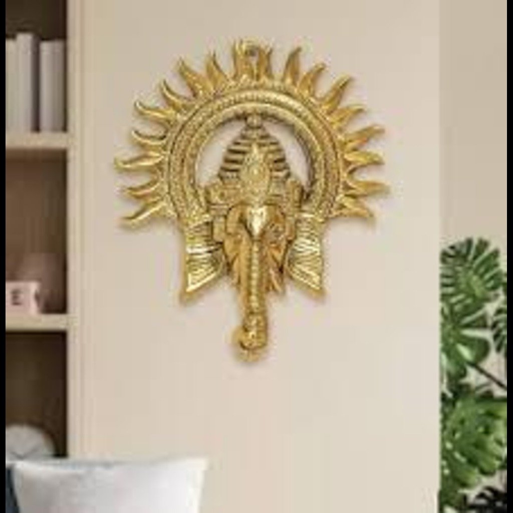 Alluminium Golden plated Ganesh Face with Sun Wall Hanging